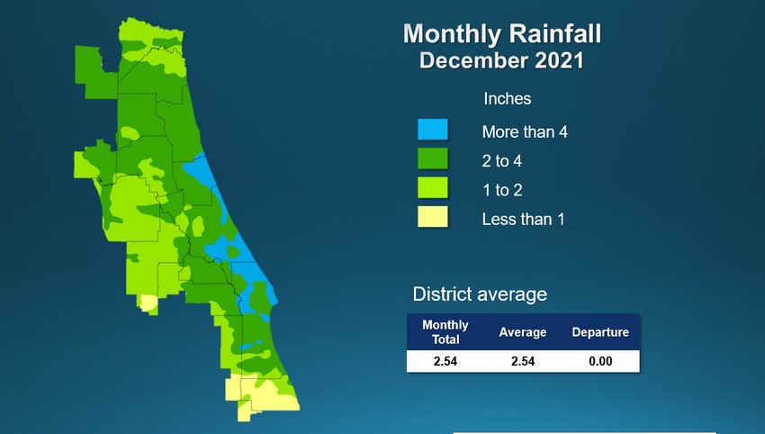 A map illustrates rainfall conditions in December across the St. Johns River Water Management District. Orange County experienced an average of 2.1 inches of rain in December.
