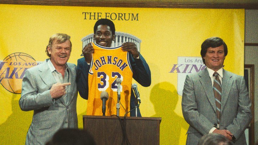 From left: John C. Reilly as Jerry Buss, Quincy Isaiah as Magic Johnson, and Jason Clarke as Jerry West in HBO’s upcoming drama series “Winning Time: The Rise of the Lakers Dynasty.”