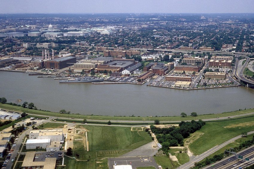 Aerial view of the Washington Navy Yard.  The Forest Sherman class destroyer ex-USS BARRY (DD 933) is visible, center.